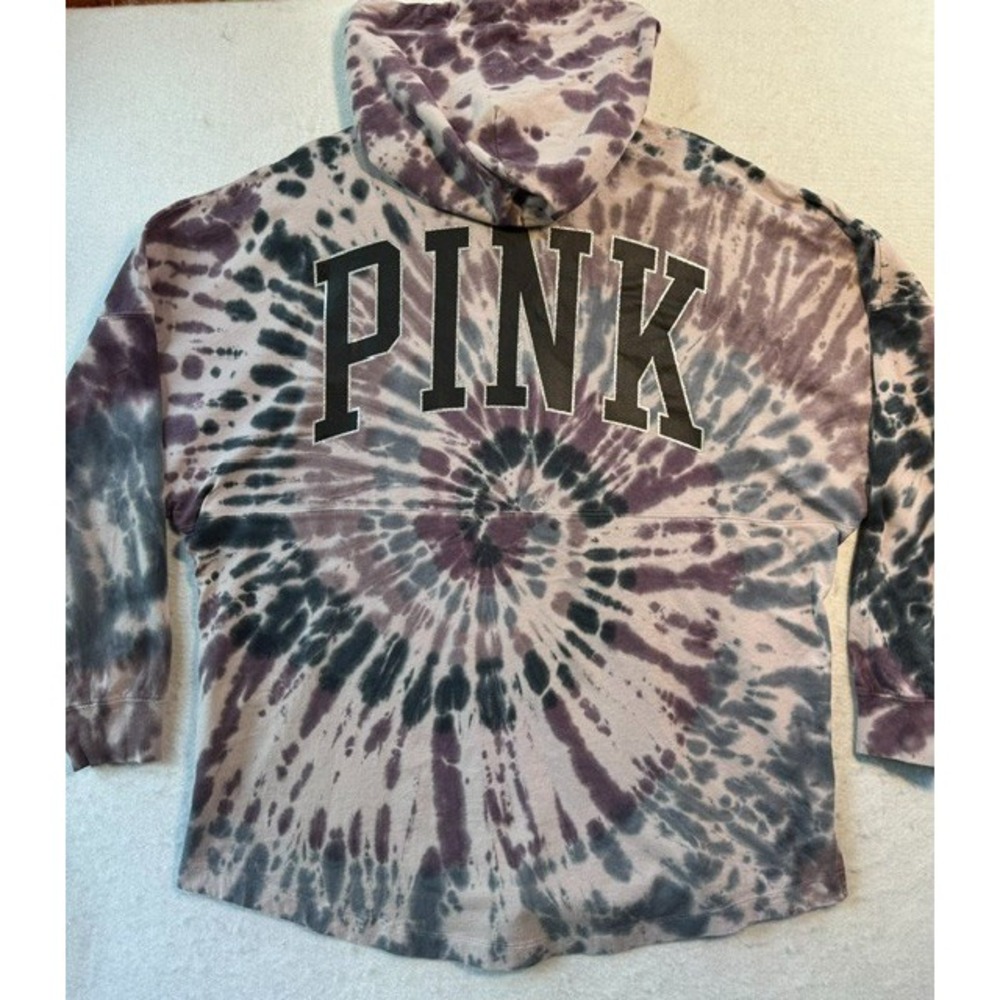 Victorias Secret PINK Varsity Long Sleeve Oversized Hooded Shirt XL Tie Dye